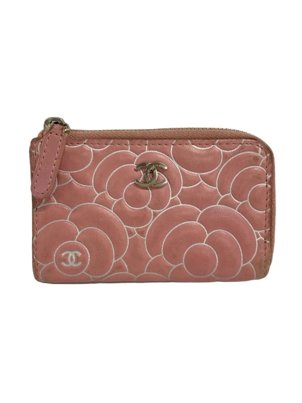 Chanel Coin Case Camellia Pink White Silver L-Shaped Zipper Lambskin With